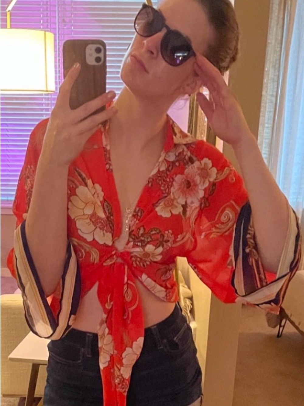 Fashion Nova Sheer Red-Orange Floral Tie-Front Top